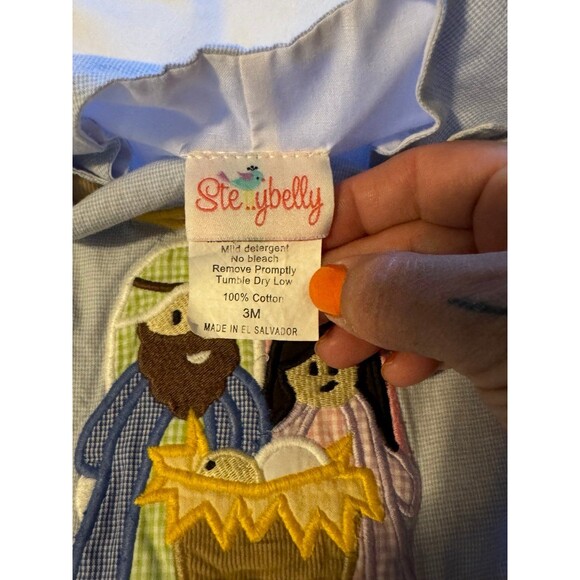 StellyBelly Infant Boy's Gingham Embroidered Nativity Longall 3 mo 100% Cotton - Picture 4 of 5